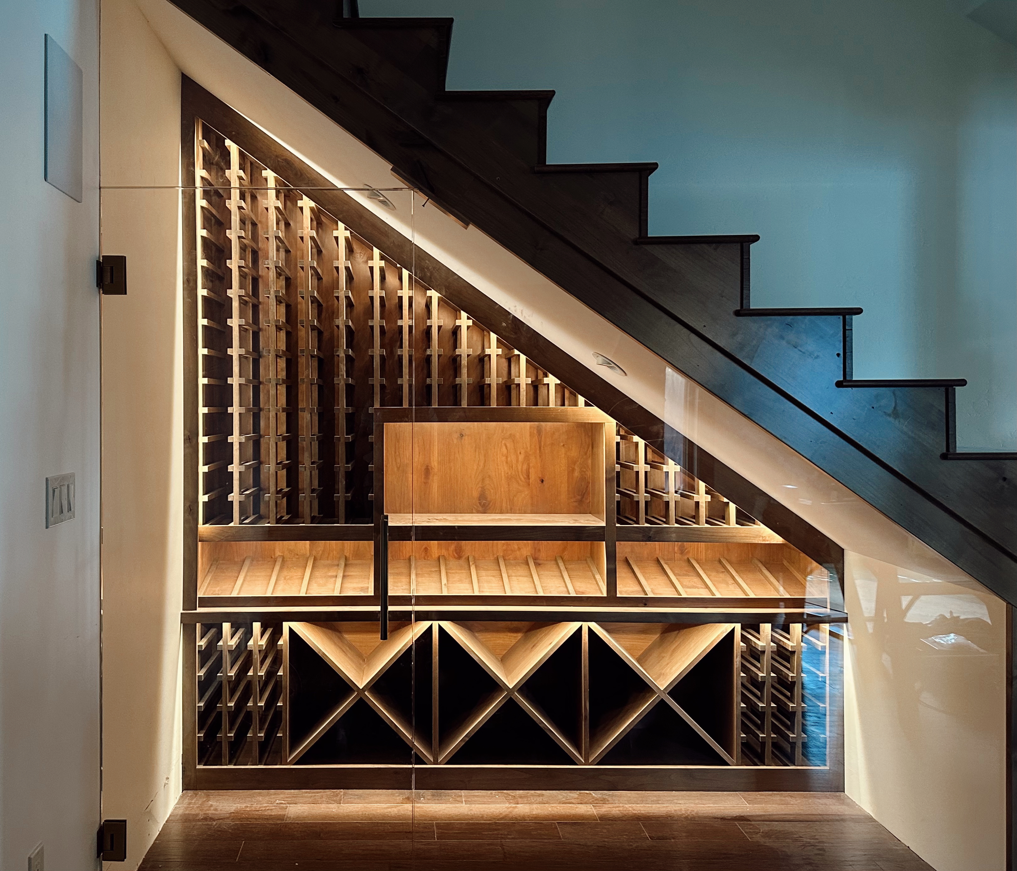 Custom under-stair wine cellar with LED lighting — Nova Electric, Flathead Valley MT